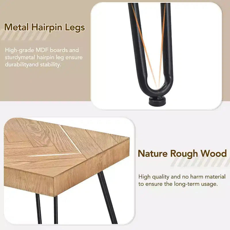Ash Wood Veneer Coffee Table Modern Cocktail Table with V-pattern & Metal Hairpin Legs