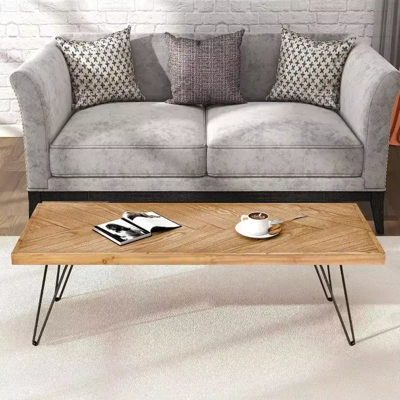 Ash Wood Veneer Coffee Table Modern Cocktail Table with V-pattern & Metal Hairpin Legs