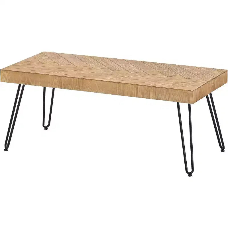 Ash Wood Veneer Coffee Table Modern Cocktail Table with V-pattern & Metal Hairpin Legs