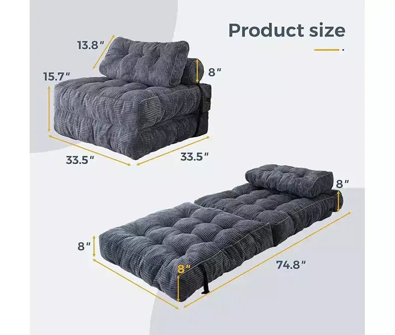 Folding Sofa Bed Convertible Chair Bed with Pillows & Backrest, Portable Floor Mattress Single Sleeper for Living Room Bedroom Guest