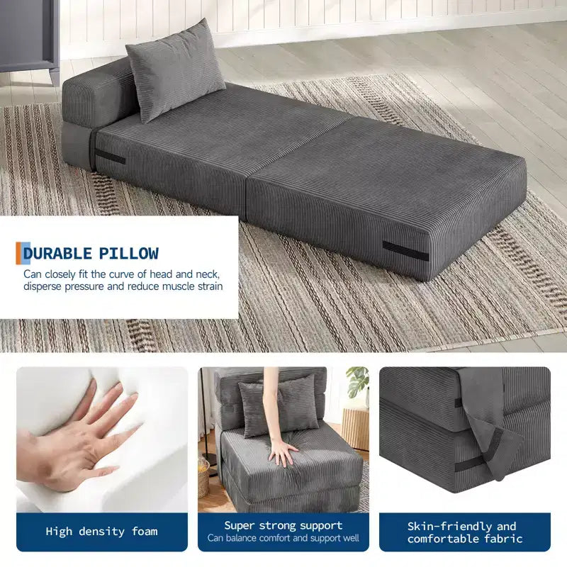 Folding Sofa Bed Convertible Chair Bed with Pillows & Backrest, Portable Floor Mattress Single Sleeper for Living Room Bedroom Guest