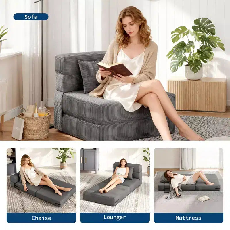 Folding Sofa Bed Convertible Chair Bed with Pillows & Backrest, Portable Floor Mattress Single Sleeper for Living Room Bedroom Guest