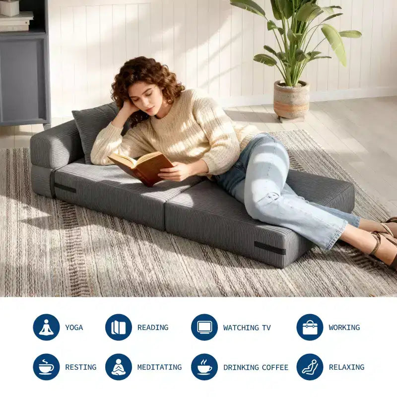 Folding Sofa Bed Convertible Chair Bed with Pillows & Backrest, Portable Floor Mattress Single Sleeper for Living Room Bedroom Guest