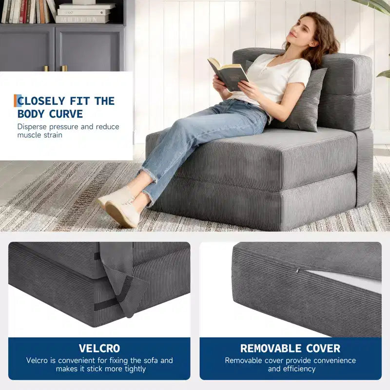 Folding Sofa Bed Convertible Chair Bed with Pillows & Backrest, Portable Floor Mattress Single Sleeper for Living Room Bedroom Guest