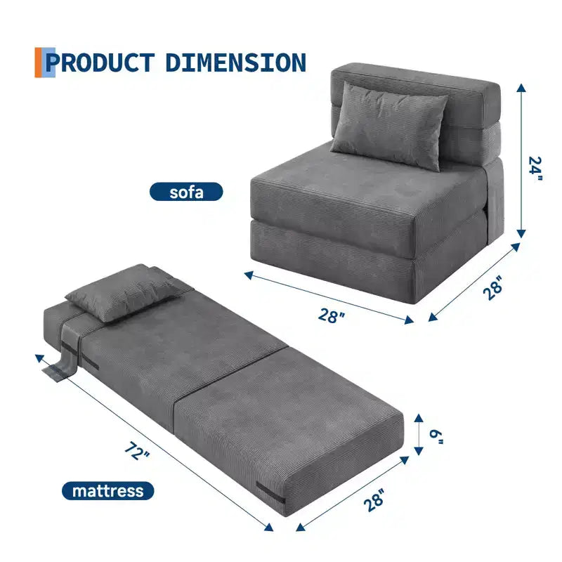 Folding Sofa Bed Convertible Chair Bed with Pillows & Backrest, Portable Floor Mattress Single Sleeper for Living Room Bedroom Guest