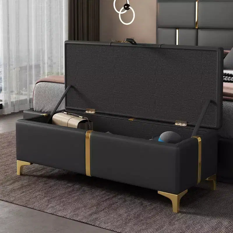 47.2 End of Bed Ottoman Bench,Luxury Black&Gold PU Storage Ottoman with Metal Legs,Accent Bench Bed Bench,250lbs Capacity