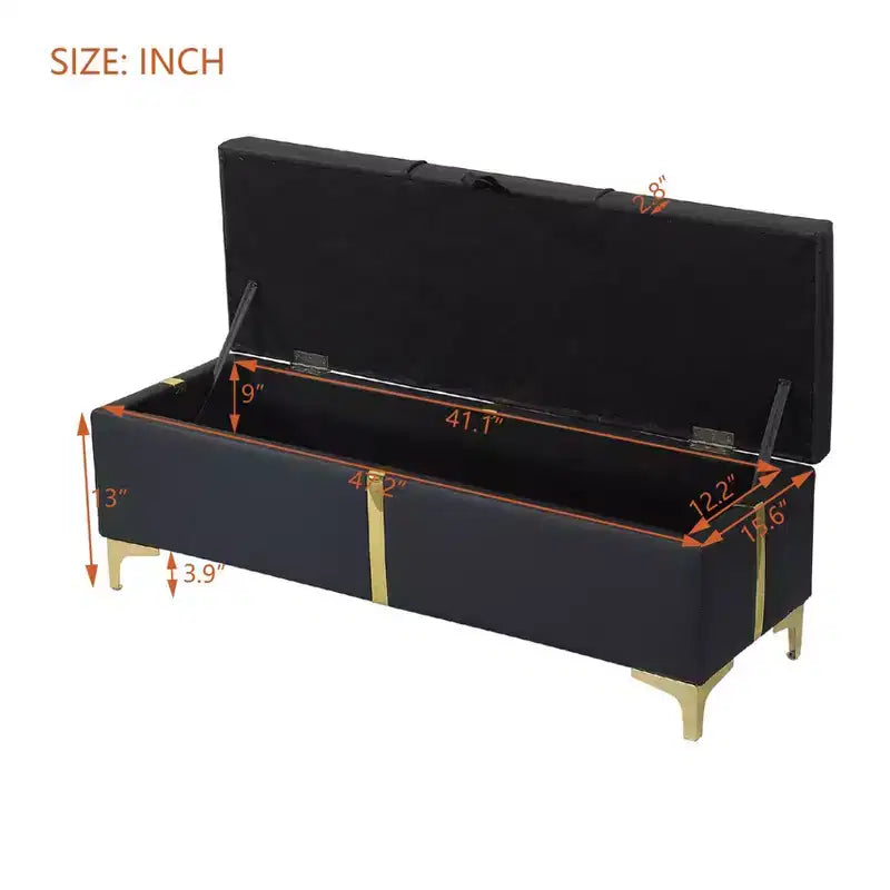 47.2 End of Bed Ottoman Bench,Luxury Black&Gold PU Storage Ottoman with Metal Legs,Accent Bench Bed Bench,250lbs Capacity