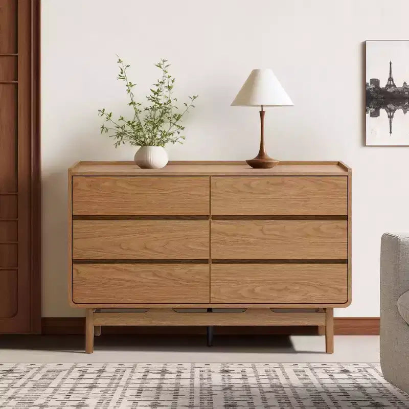 LuxenHome Mid-Century Style Natural Finish Dresser, 6 Drawers, Horizontal Storage, Engineered Wood Brown