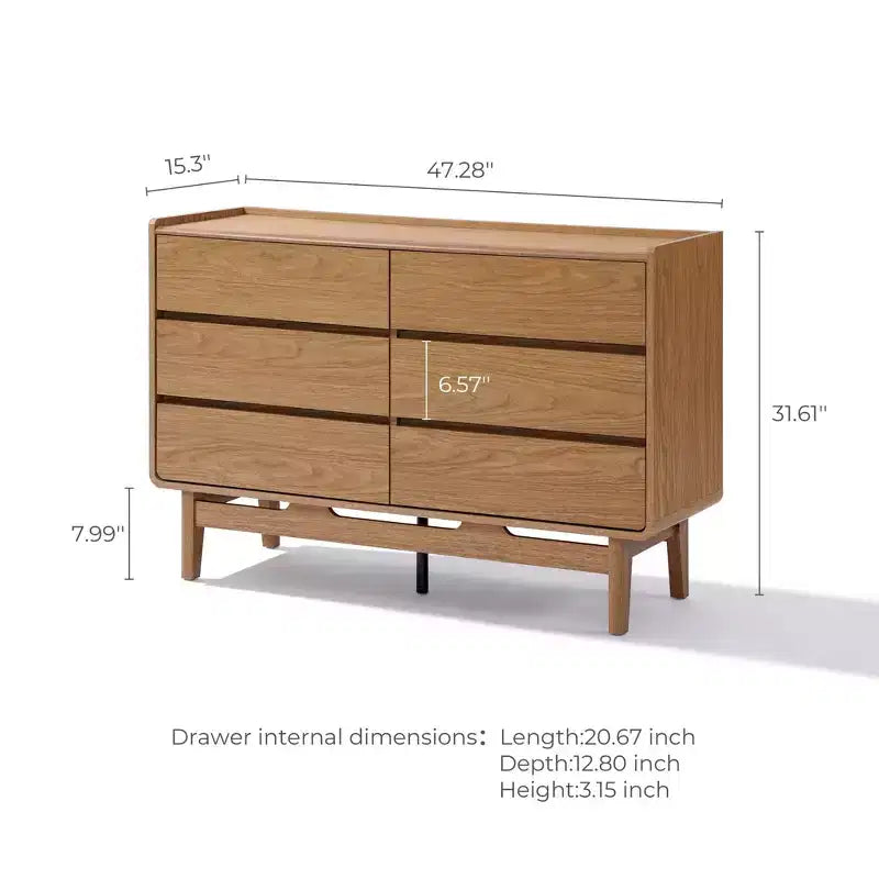 Mid-Century Style Natural Finish Dresser, 6 Drawers, Horizontal Storage, Engineered Wood Brown