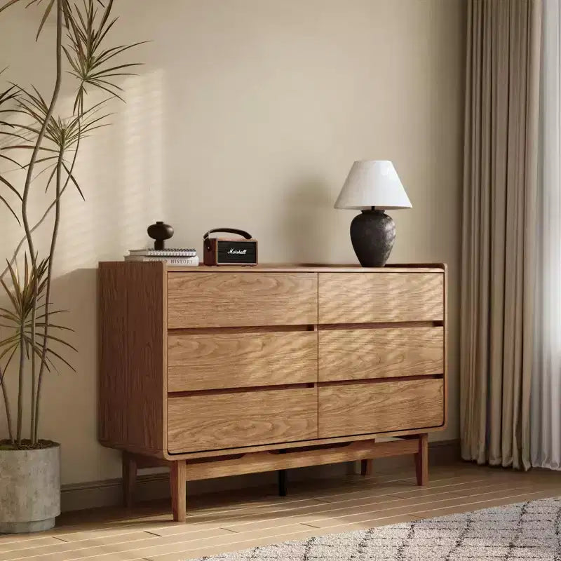 Mid-Century Style Natural Finish Dresser, 6 Drawers, Horizontal Storage, Engineered Wood Brown