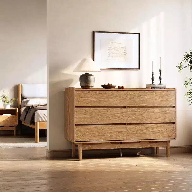 Mid-Century Style Natural Finish Dresser, 6 Drawers, Horizontal Storage, Engineered Wood Brown