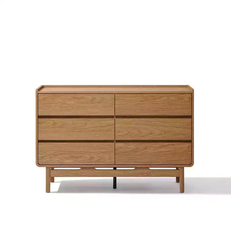 Commode de style Mid-Century, finition naturelle, 6 tiroirs, rangement horizontal, bois manufacturé brun