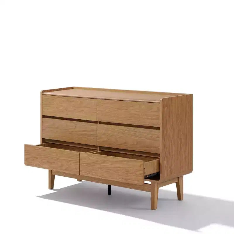Commode de style Mid-Century, finition naturelle, 6 tiroirs, rangement horizontal, bois manufacturé brun