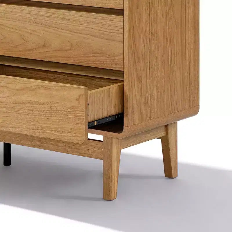 Commode de style Mid-Century, finition naturelle, 6 tiroirs, rangement horizontal, bois manufacturé brun