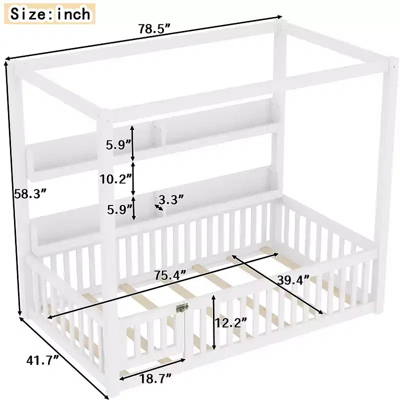 Canopy Floor Bed with Guardrails and Shelves,Solid Wood Floor Bed Frame with Door and Montessori for Kids,No Spring Box Needed
