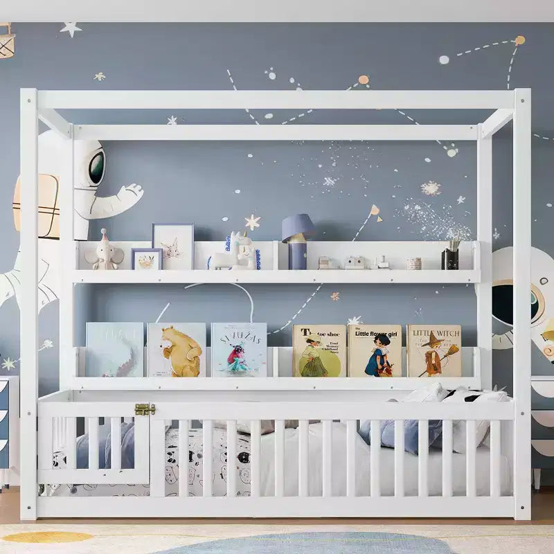 Canopy Floor Bed with Guardrails and Shelves,Solid Wood Floor Bed Frame with Door and Montessori for Kids,No Spring Box Needed