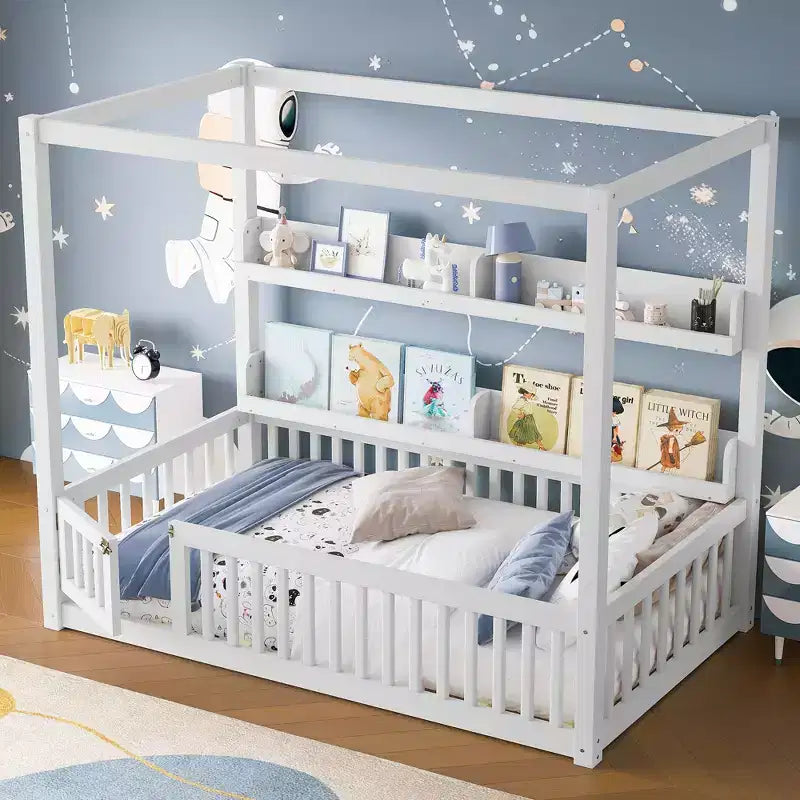 Canopy Floor Bed with Guardrails and Shelves,Solid Wood Floor Bed Frame with Door and Montessori for Kids,No Spring Box Needed