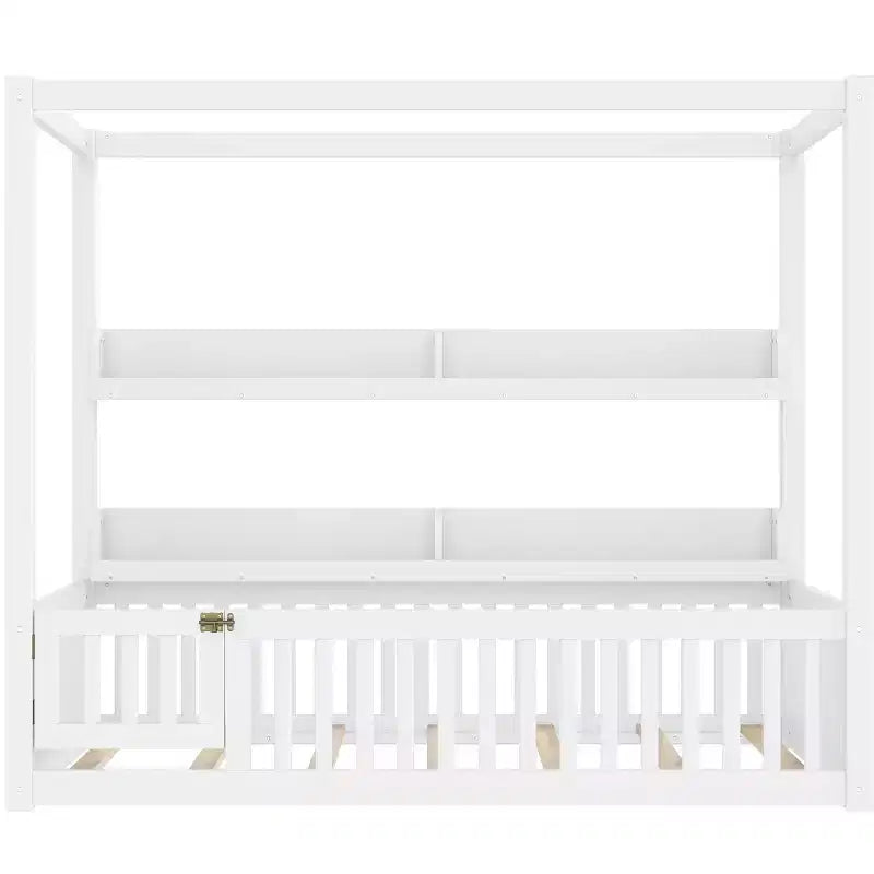 Canopy Floor Bed with Guardrails and Shelves,Solid Wood Floor Bed Frame with Door and Montessori for Kids,No Spring Box Needed