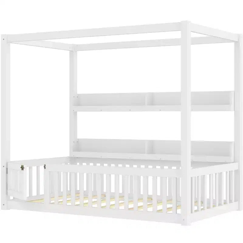 Canopy Floor Bed with Guardrails and Shelves,Solid Wood Floor Bed Frame with Door and Montessori for Kids,No Spring Box Needed