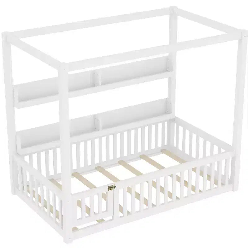 Canopy Floor Bed with Guardrails and Shelves,Solid Wood Floor Bed Frame with Door and Montessori for Kids,No Spring Box Needed