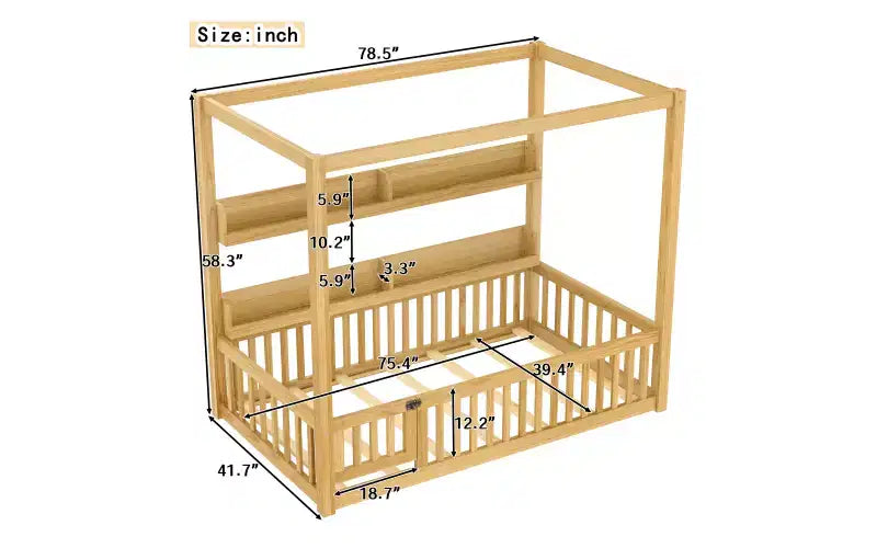 Canopy Floor Bed with Guardrails and Shelves,Solid Wood Floor Bed Frame with Door and Montessori for Kids,No Spring Box Needed