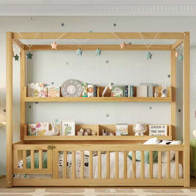 Canopy Floor Bed with Guardrails and Shelves,Solid Wood Floor Bed Frame with Door and Montessori for Kids,No Spring Box Needed
