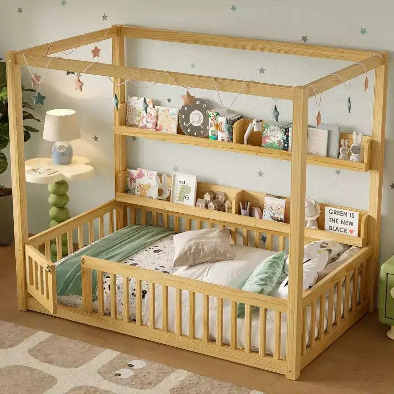 Canopy Floor Bed with Guardrails and Shelves,Solid Wood Floor Bed Frame with Door and Montessori for Kids,No Spring Box Needed