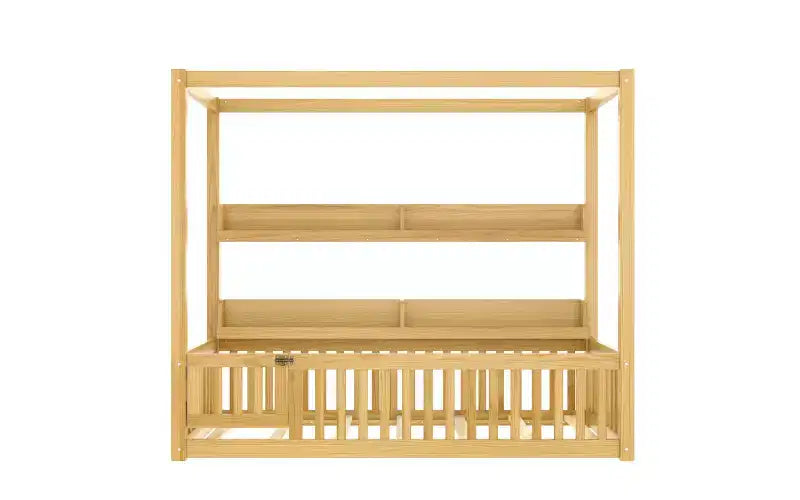 Canopy Floor Bed with Guardrails and Shelves,Solid Wood Floor Bed Frame with Door and Montessori for Kids,No Spring Box Needed