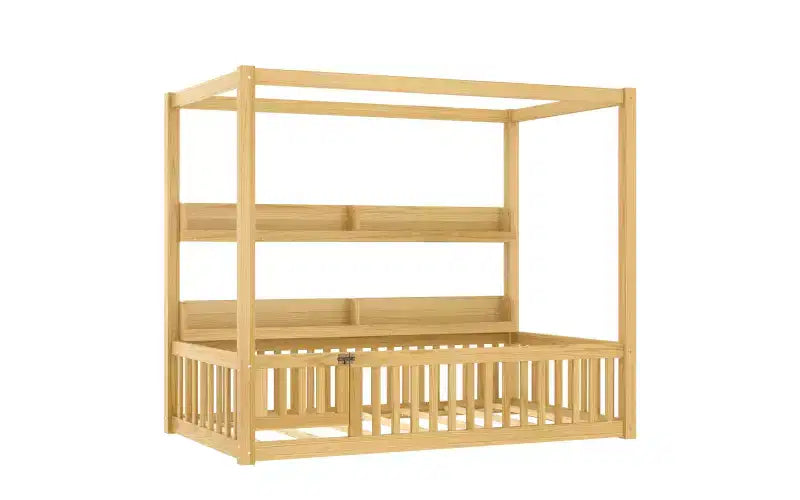 Canopy Floor Bed with Guardrails and Shelves,Solid Wood Floor Bed Frame with Door and Montessori for Kids,No Spring Box Needed