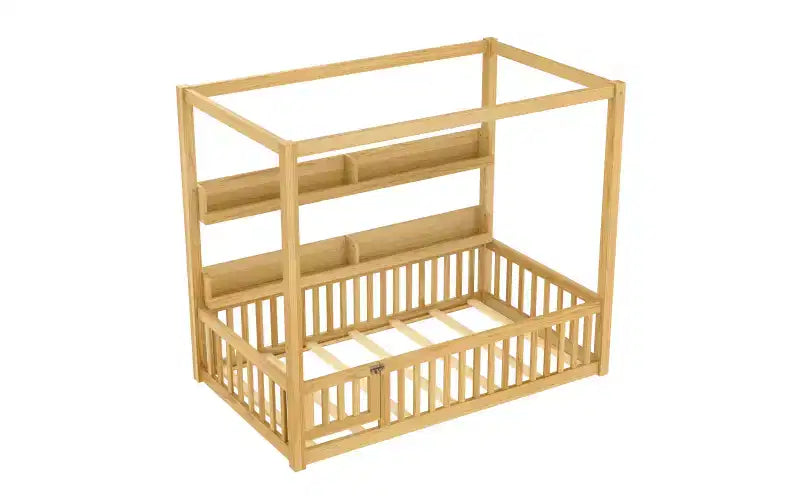 Canopy Floor Bed with Guardrails and Shelves,Solid Wood Floor Bed Frame with Door and Montessori for Kids,No Spring Box Needed
