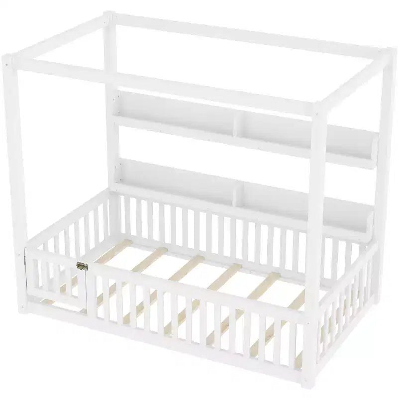 Canopy Floor Bed with Guardrails and Shelves,Solid Wood Floor Bed Frame with Door and Montessori for Kids,No Spring Box Needed