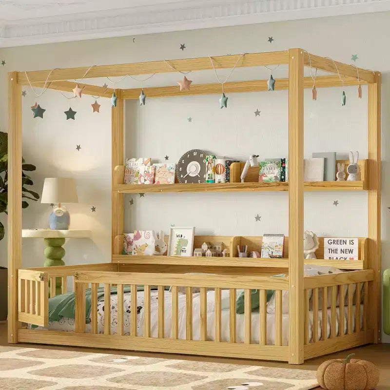 Bellemave Canopy Floor Bed with Guardrails and Shelves,Solid Wood Floor Bed Frame with Door and Montessori for Kids,No Spring Box Needed