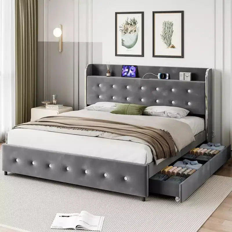 Full-sized Large Bed Frame, Equipped with Storage Space, a Charging Station and 4 Drawers, with Velvet Cushions Supported by Wooden Strips, Grey