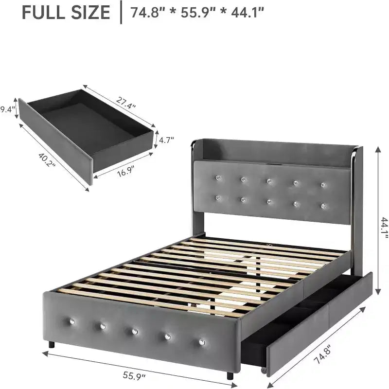 Full-sized Large Bed Frame, Equipped with Storage Space, a Charging Station and 4 Drawers, with Velvet Cushions Supported by Wooden Strips, Grey