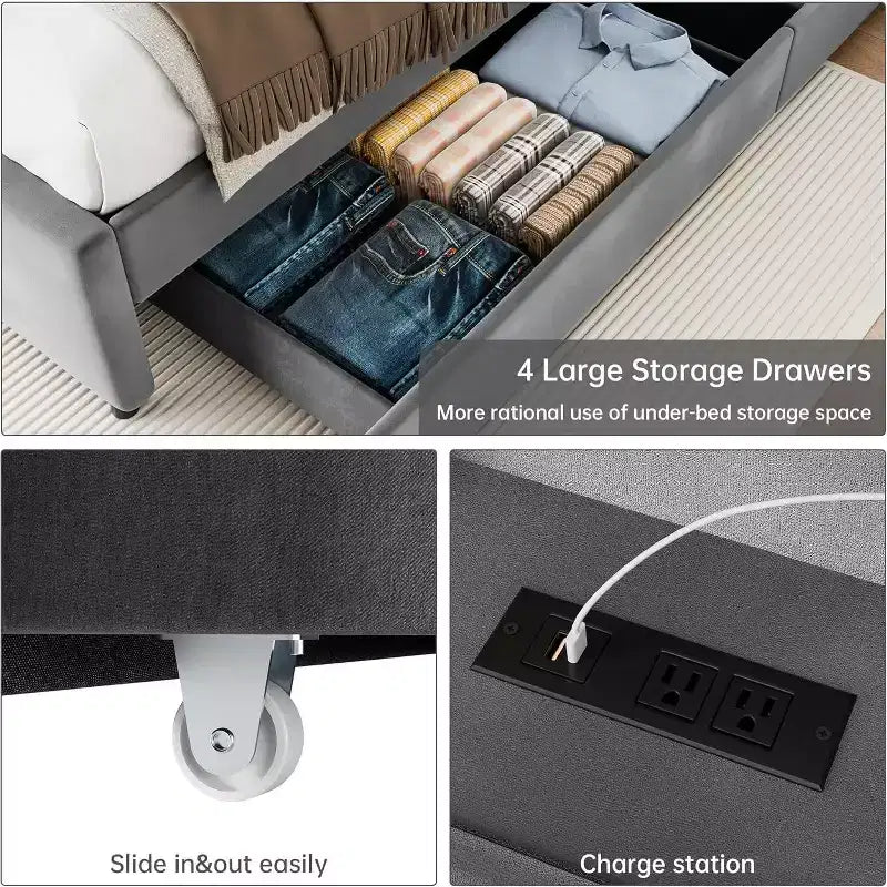 Full-sized Large Bed Frame, Equipped with Storage Space, a Charging Station and 4 Drawers, with Velvet Cushions Supported by Wooden Strips, Grey