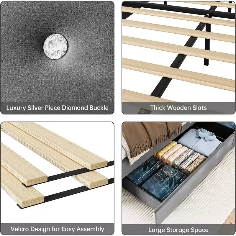 Full-sized Large Bed Frame, Equipped with Storage Space, a Charging Station and 4 Drawers, with Velvet Cushions Supported by Wooden Strips, Grey