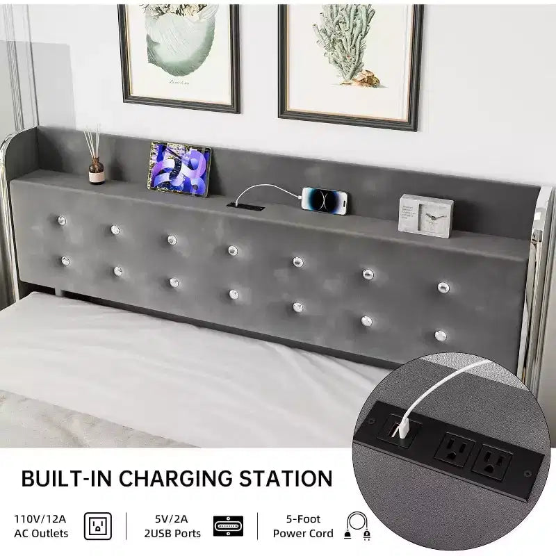 Full-sized Large Bed Frame, Equipped with Storage Space, a Charging Station and 4 Drawers, with Velvet Cushions Supported by Wooden Strips, Grey