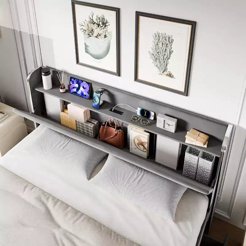Full-sized Large Bed Frame, Equipped with Storage Space, a Charging Station and 4 Drawers, with Velvet Cushions Supported by Wooden Strips, Grey