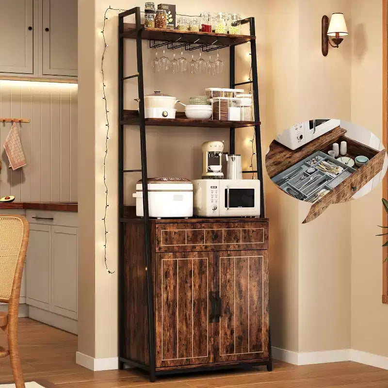 Bakers Rack Microwave Stand with Drawer Kitchen Tall Utility Storage Shelf with Wine Glass Rack Kitchen Microwave Oven Stand Spice Rack Organizer
