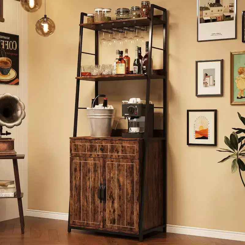 Bakers Rack Microwave Stand with Drawer Kitchen Tall Utility Storage Shelf with Wine Glass Rack Kitchen Microwave Oven Stand Spice Rack Organizer