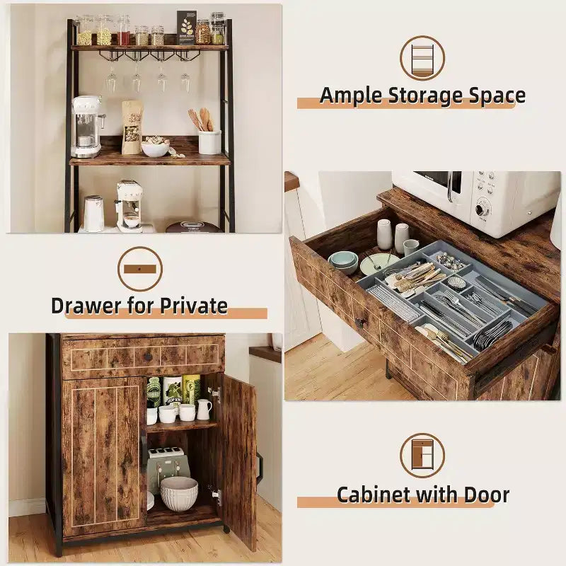 Bakers Rack Microwave Stand with Drawer Kitchen Tall Utility Storage Shelf with Wine Glass Rack Kitchen Microwave Oven Stand Spice Rack Organizer