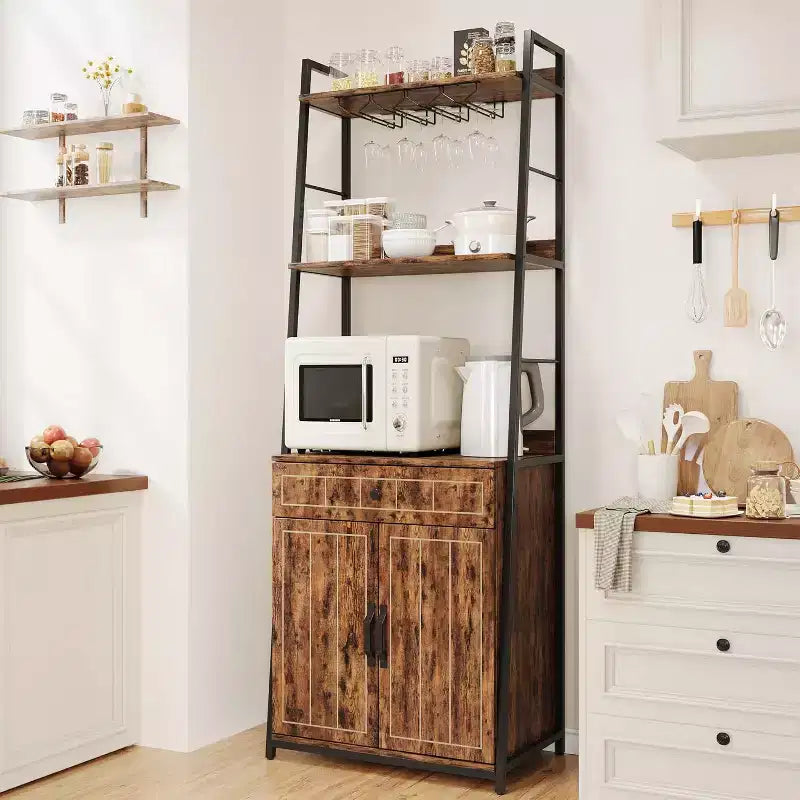 Bakers Rack Microwave Stand with Drawer Kitchen Tall Utility Storage Shelf with Wine Glass Rack Kitchen Microwave Oven Stand Spice Rack Organizer