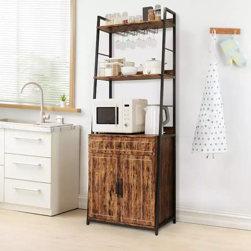 Étagère de Boulanger pour Micro-ondes avec Tiroir Meuble de Rangement Haut de Cuisine avec Support à Verres à Vin Support pour Four à Micro-ondes Étagère à Épices Organisateur