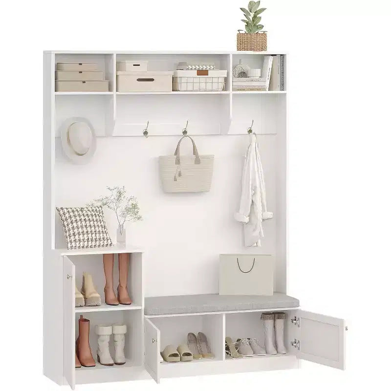 78.8 Hall Tree with Shoe Storage and Coat Rack, Farmhouse Entryway Bench, 4 Shoe Cubbies, 4 Coat Hooks, 3 Top Open Shelves, Entrance Storage Cabinet