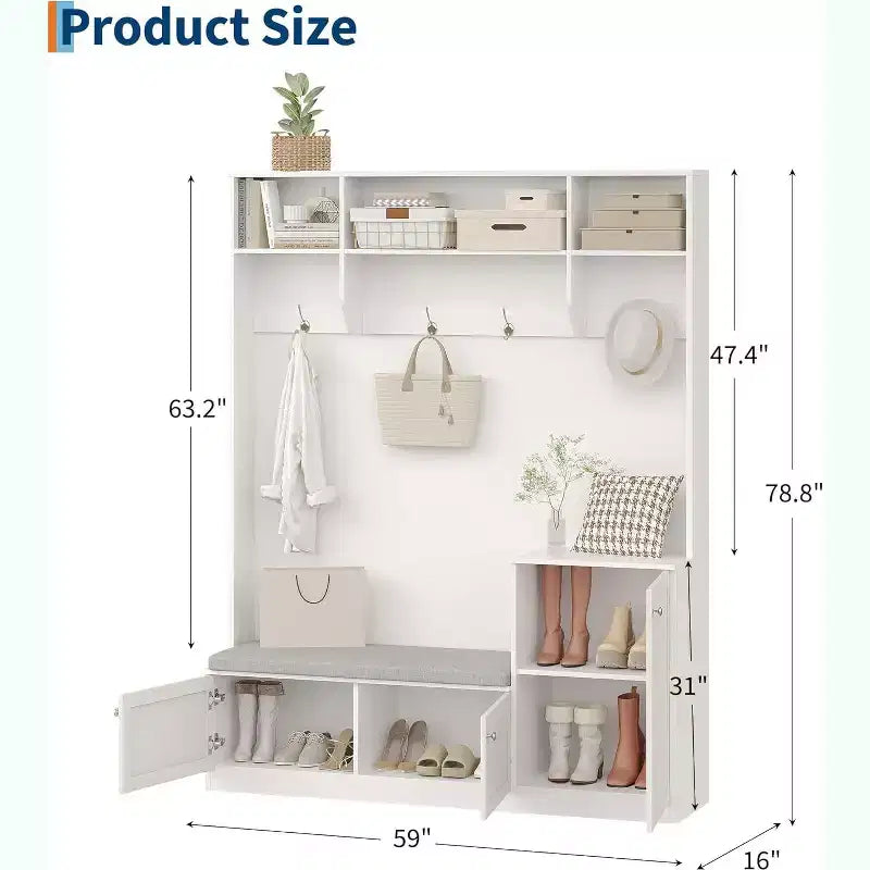 78.8 Hall Tree with Shoe Storage and Coat Rack, Farmhouse Entryway Bench, 4 Shoe Cubbies, 4 Coat Hooks, 3 Top Open Shelves, Entrance Storage Cabinet