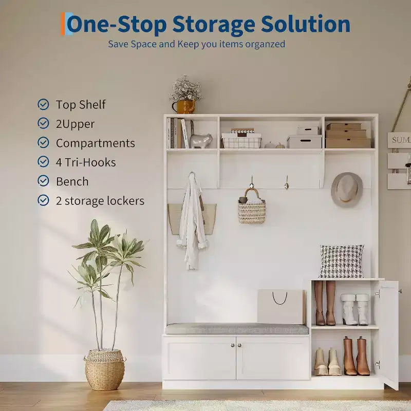 78.8 Hall Tree with Shoe Storage and Coat Rack, Farmhouse Entryway Bench, 4 Shoe Cubbies, 4 Coat Hooks, 3 Top Open Shelves, Entrance Storage Cabinet