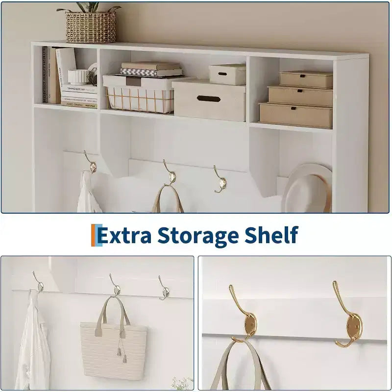 78.8 Hall Tree with Shoe Storage and Coat Rack, Farmhouse Entryway Bench, 4 Shoe Cubbies, 4 Coat Hooks, 3 Top Open Shelves, Entrance Storage Cabinet