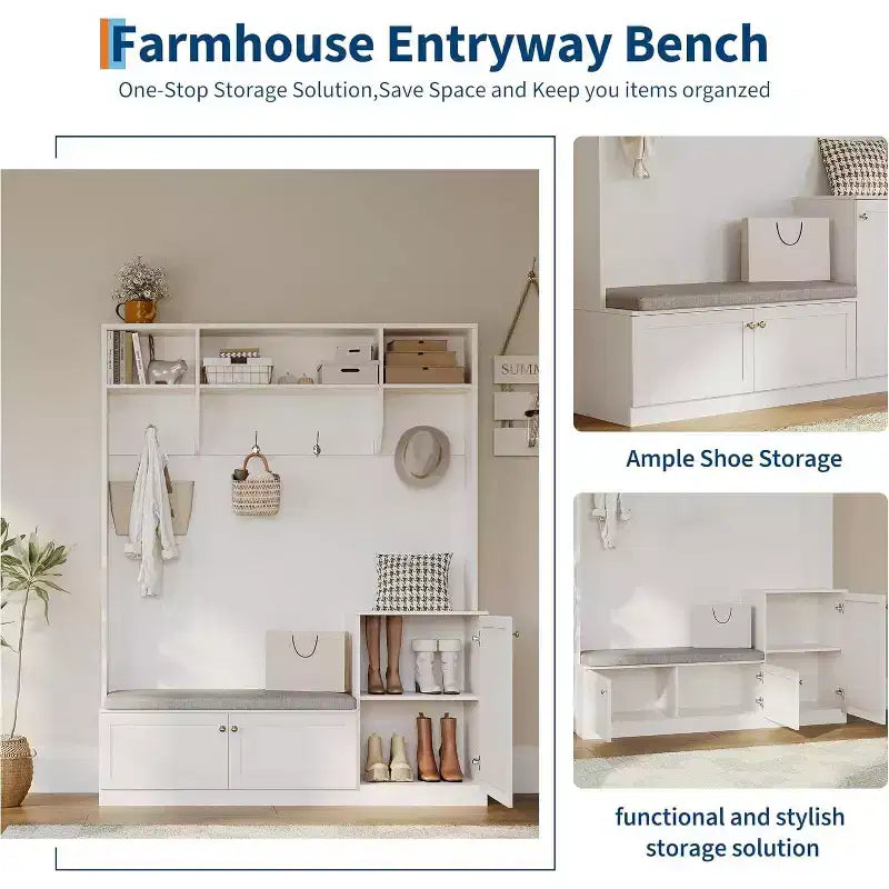 78.8 Hall Tree with Shoe Storage and Coat Rack, Farmhouse Entryway Bench, 4 Shoe Cubbies, 4 Coat Hooks, 3 Top Open Shelves, Entrance Storage Cabinet