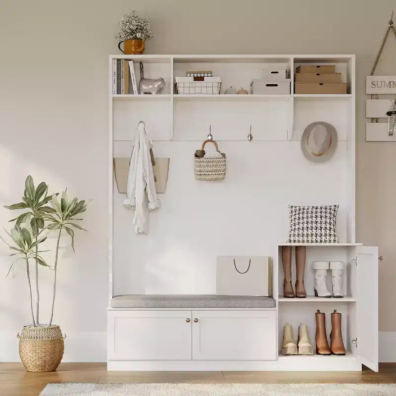 Meuble d'entrée 78,8 po avec rangement pour chaussures et porte-manteau, banc de style ferme, 4 compartiments à chaussures, 4 patères, 3 étagères supérieures ouvertes, meuble de rangement pour entrée