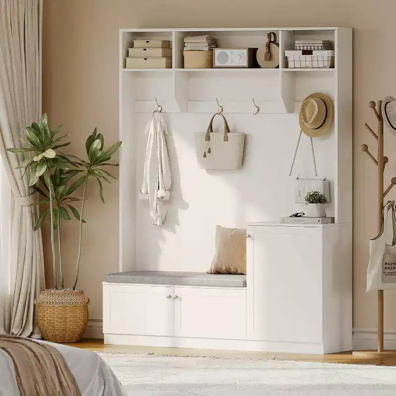 Meuble d'entrée 78,8 po avec rangement pour chaussures et porte-manteau, banc de style ferme, 4 compartiments à chaussures, 4 patères, 3 étagères supérieures ouvertes, meuble de rangement pour entrée